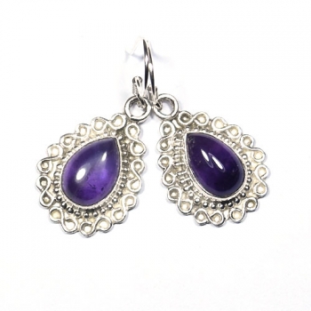 Pure silver ornate style purple tear drop amethyst stone earrings for women