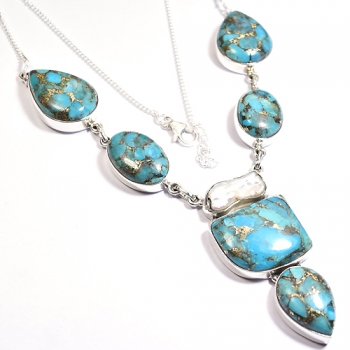 Blue copper turquoise sterling silver necklace