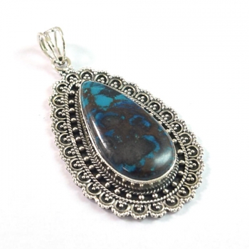 Unique design 925 sterling silver pendant oxidized finish blue azurite gemstone jewellery