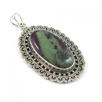 70 mm Ethnic Indian style 925 sterling silver oxidized finish ruby zoisite gemstone pendant