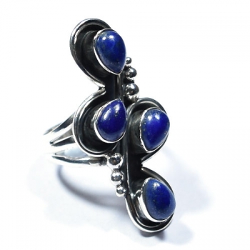 Four stone blue lapis lazuli pure silver tear drop ring