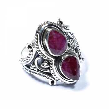 Antique design oxidized finish 925 sterling silver red ruby quartz two stone ring