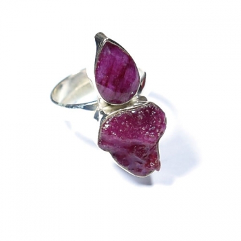 925 sterling silver red ruby raw stone two stone ring