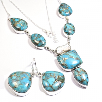 Blue copper turquoise silver jewelry set