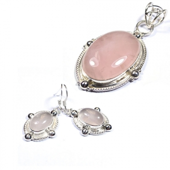 Pink rose quartz silver pendant and earrings set
