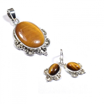 Brown tiger eye silver pendant and earrings set