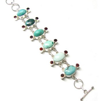 Silver blue turquoise and red garnet bracelet 