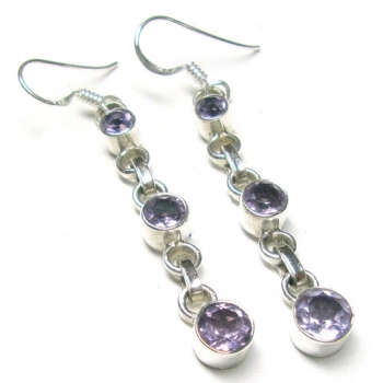 Pure silver purple amethyst three stone dangle earrings