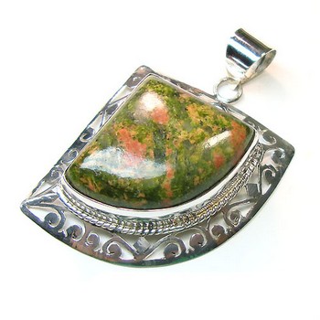 Salmon peach unakite gemstone sterling silver intricate cut pendant jewellery