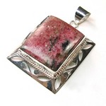 Ethnic Indian design pink rhodonite sterling silver handcrafted pendant